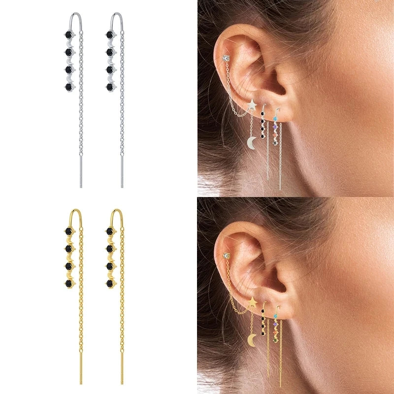 925 Silver Tassel Threader Earrings Zircon Snake Key Dangle Earrings