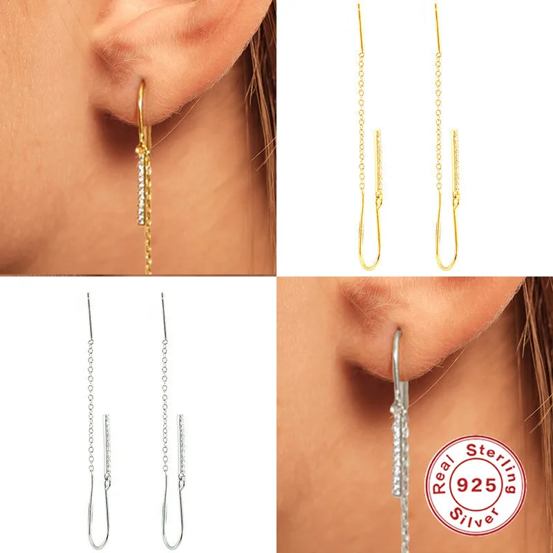 925 Silver Tassel Threader Earrings Zircon Snake Padlock Key Dangle Jewelry