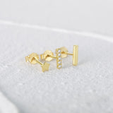 925 Silver Mini Star Stud Earrings Crystal Bar Triangle Round Glossy Ear Studs S