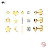 925 Silver Mini Star Stud Earrings Crystal Bar Triangle Round Glossy Ear Studs S