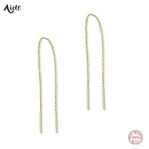925 Silver Minimalist 80mm Tassel Threader Earrings 18K Plated Dangle