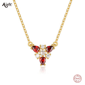925 Silver Garnet Dark Red Zircon Triangle Pendant Necklace Women