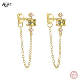 925 Silver Green Pink CZ Front Back Earrings Crystal Tassel Drop Earrings