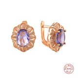 925 Silver Oval Purple Zircon Lace Flower Stud Earrings Gift