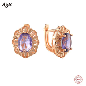 925 Silver Purple Zircon Lace Flower Stud Earrings