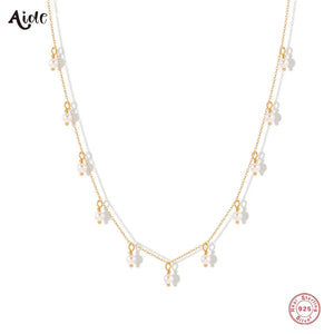 925 Silver Pearl Charm Necklace Sea Wave Disc Pendant