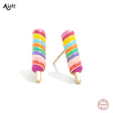 925 Silver Colorful Enamel Rainbow Popsicle Stud Earrings for Women Girls