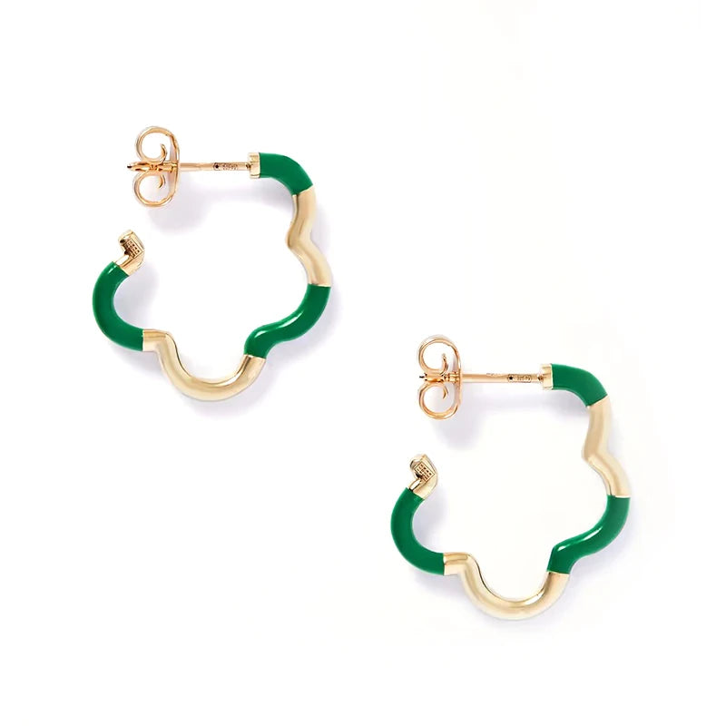 925 Silver Enamel Hoop Earrings Pink Green Yellow Flower Wave Circle Huggie
