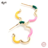 925 Silver Enamel Hoop Earrings Pink Green Yellow Flower Wave Circle Huggie