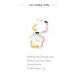 925 Silver Enamel Hoop Earrings Pink Green Yellow Flower Wave Circle Huggie