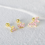 925 Silver Pink Zircon CZ Stud Earrings Crystal Sakura Flower Cross Bee Ear Stud