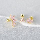 925 Silver Pink Zircon CZ Stud Earrings Crystal Sakura Flower Cross Bee Ear Stud