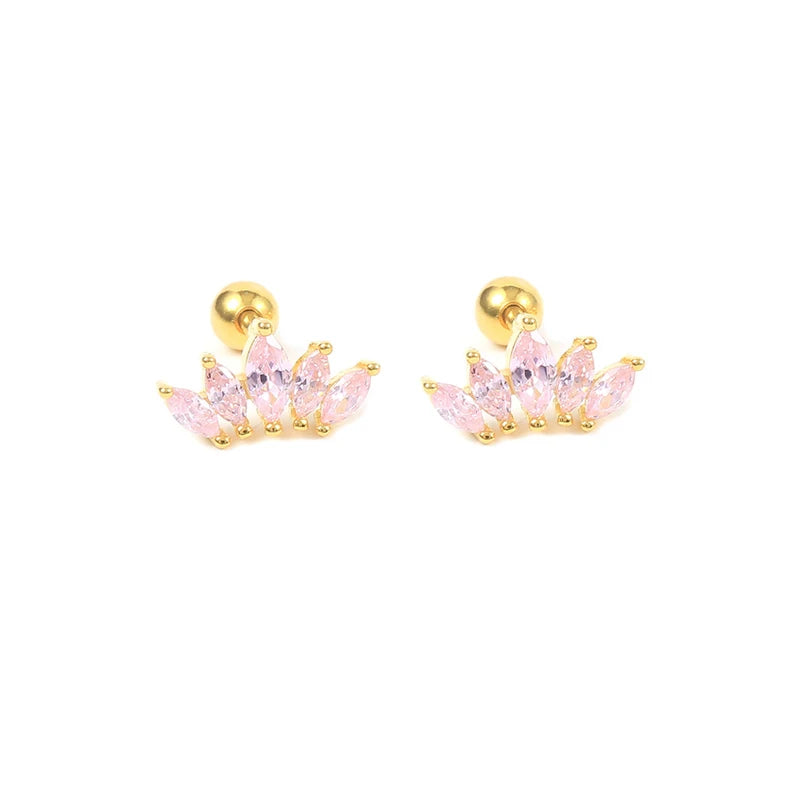 925 Silver Pink Zircon CZ Stud Earrings Crystal Sakura Flower Cross Bee Ear Stud