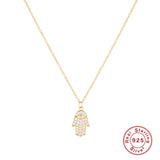 925 Silver Hamsa Hand Pendant Necklace Ice Out Bling Zircon Jewelry