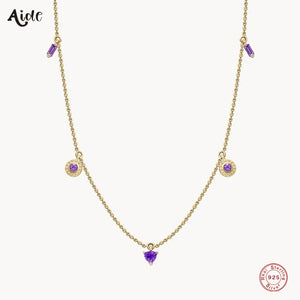925 Silver Purple Zircon Choker Necklace 18K Plated Pendant