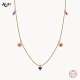 925 Silver Purple Zircon Choker Necklace 18K Plated Pendant