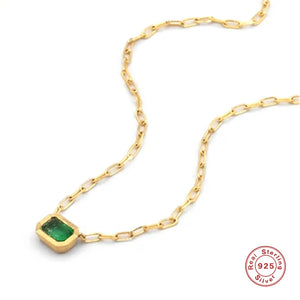 925 Silver Emerald Green Zircon Pendant Necklace Thick Chain Clavicle Necklace