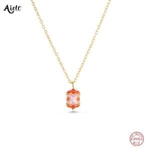 925 Silver Orange Pink CZ Pendant Necklace Women Wedding Party