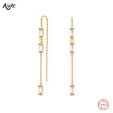 925 Silver Rectangle Zircon Tassel Earrings For Women