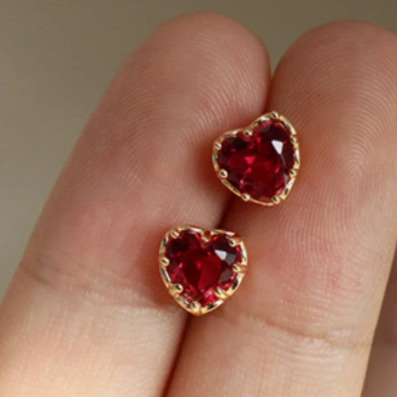 925 Silver Red Heart Zircon Piercing Stud Earring Women Jewelry Gift