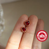 925 Silver Red Heart Zircon Piercing Stud Earring Women Jewelry Gift