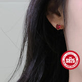 925 Silver Red Heart Zircon Piercing Stud Earring Women Jewelry Gift