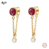 925 Silver Red Zircon Chain Drop Earrings Front Back Dangle Earrings