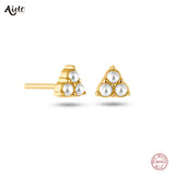 925 Silver Pearl Stud Earrings C Shape Triangle Piercing Studs