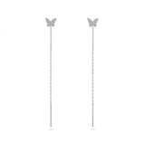 925 Silver CZ Butterfly Stud Chain Tassel Earrings