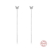925 Silver CZ Butterfly Stud Chain Tassel Earrings
