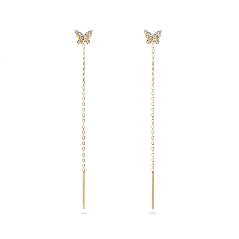 925 Silver Butterfly Stud Chain Tassel Front Back Earrings