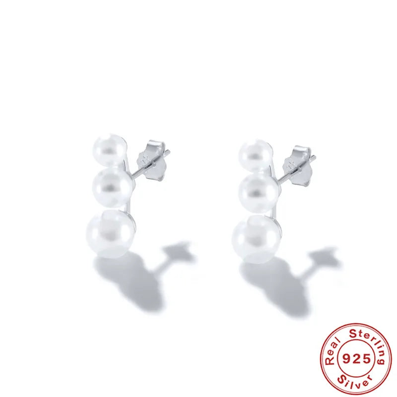 925 Silver Single Row Pearl Stud Earrings Women's Jewelry Gift