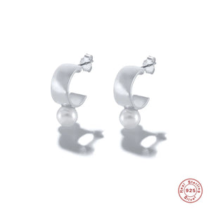 925 Silver Small Wide Circle Stud Earrings For Women Synthetic Pearl Piercing