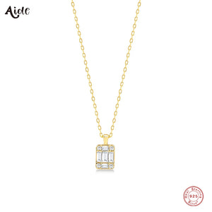 925 Silver Zircon Rectangle Pendant Necklace for Women