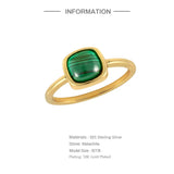 925 Silver Square Dark Green Malachite Ring Women 18K Plated Jewelry