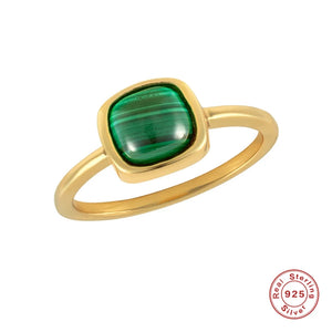 925 Silver Square Dark Green Malachite Ring Women 18K Plated Jewelry