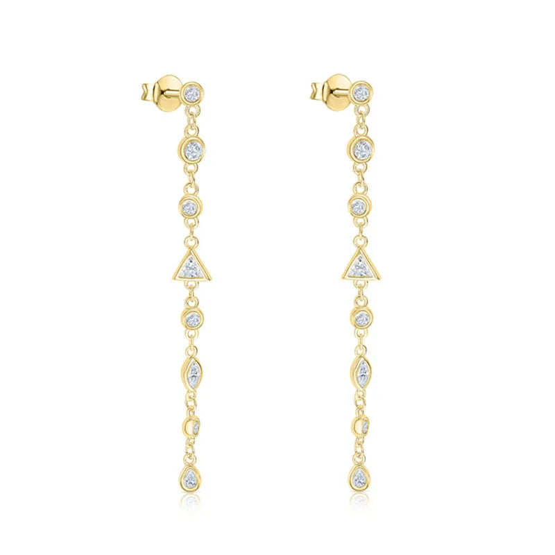 925 Silver Long Tassel Dangle Earrings Geometric Zircon
