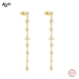 925 Silver Long Tassel Dangle Earrings Geometric Zircon