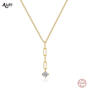 925 Silver Thick Chain Tassel Zircon Pendant Necklace Women Y Shape Clavicle