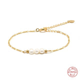 925 Silver Three Pearls Beads Chain Bracelet with Heart Charm