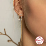 925 Silver Snowflake Flower Chain Drop Earrings Zircon Tassel Fine Jewelry