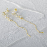 925 Silver Snowflake Flower Chain Drop Earrings Zircon Tassel Fine Jewelry