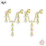 925 Silver Zircon Chain Tassel Earrings Double Studs