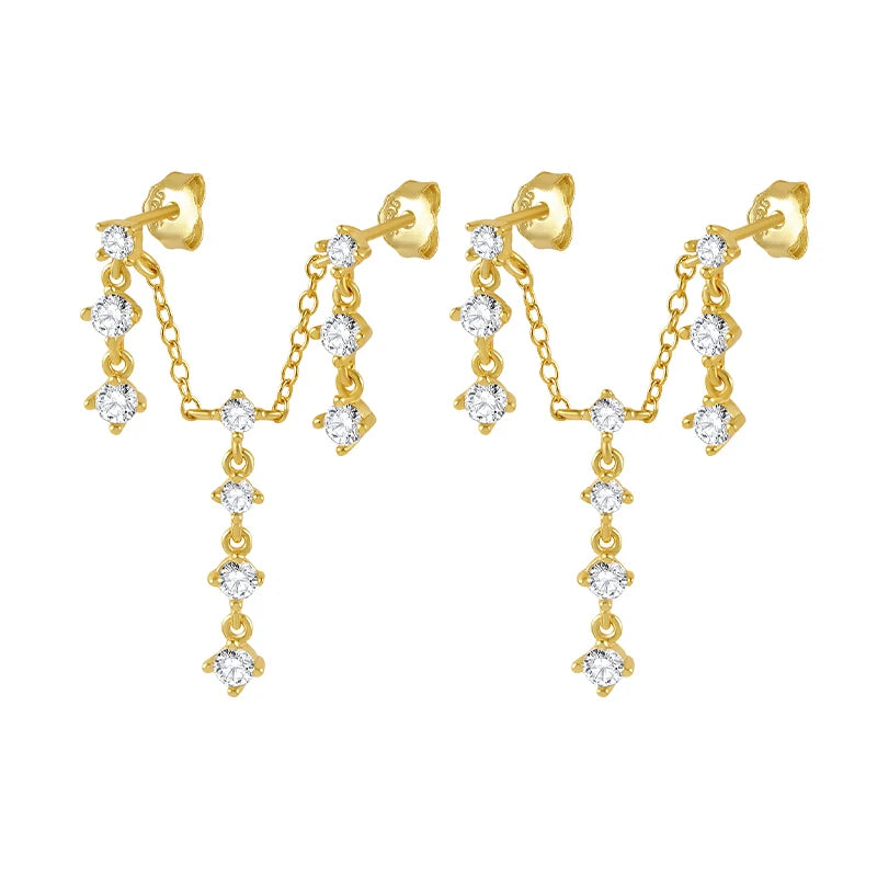 925 Silver Zircon Chain Tassel Earrings Double Studs