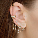925 Silver Zircon Chain Tassel Earrings Double Studs