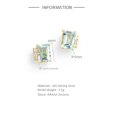 925 Silver Ocean Square Zircon Stud Earrings Crystal Pave Piercing Stud