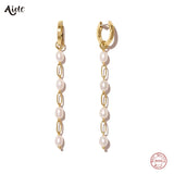 925 Silver Pearl Long Chain Dangle Earrings Double Circle Wedding Party Jewelry