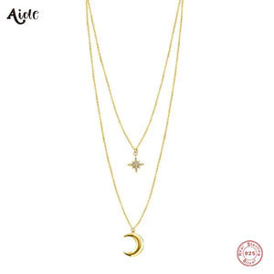 925 Silver Zircon Star Moon Pendant Necklaces for Women