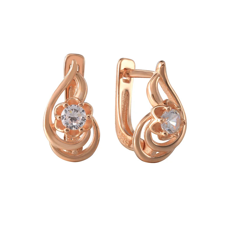925 Silver Zircon Flower Stud Earrings Retro U Shape Hollow Ear Clip