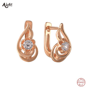 925 Silver Zircon Flower Stud Earrings Retro U Shape Hollow Ear Clip